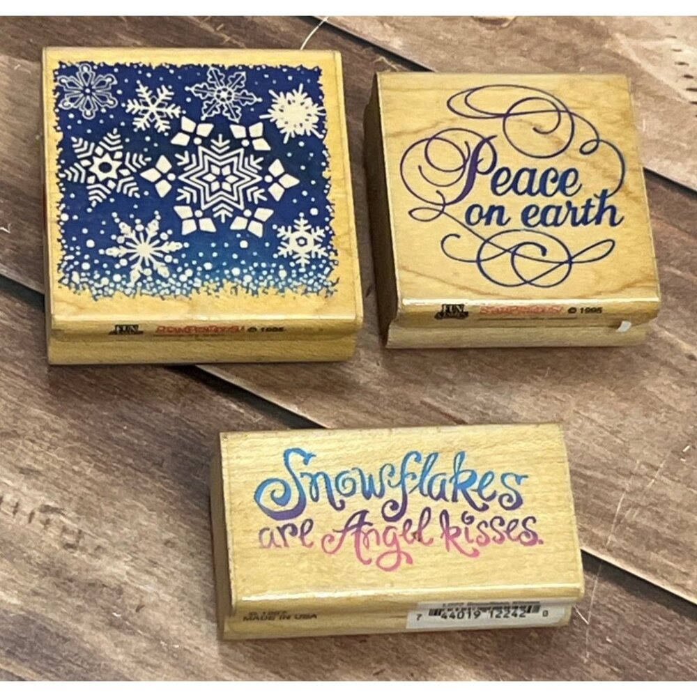 1995 STAMPENDOUS! LOT OF 3 SNOWFLAKE / PEACE THEMED WOOD MOUNTED RUBBER STAMPS
